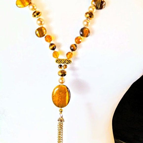 TIGER EYE Y STYLE TASSEL NECKLACE*W/CZECH GLASS CRYSTALS & EARRINGS - Picture 1 of 5